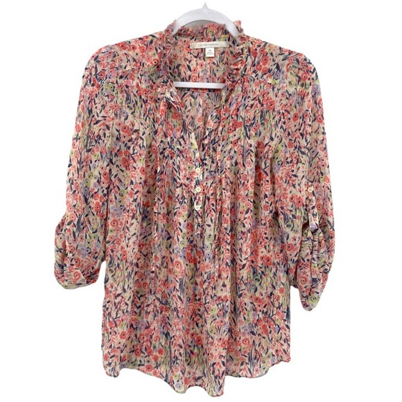 LC Lauren Conrad Button Front Floral Print Tie Front Roll-Up Sleeve Blouse - Picture 2 of 9
